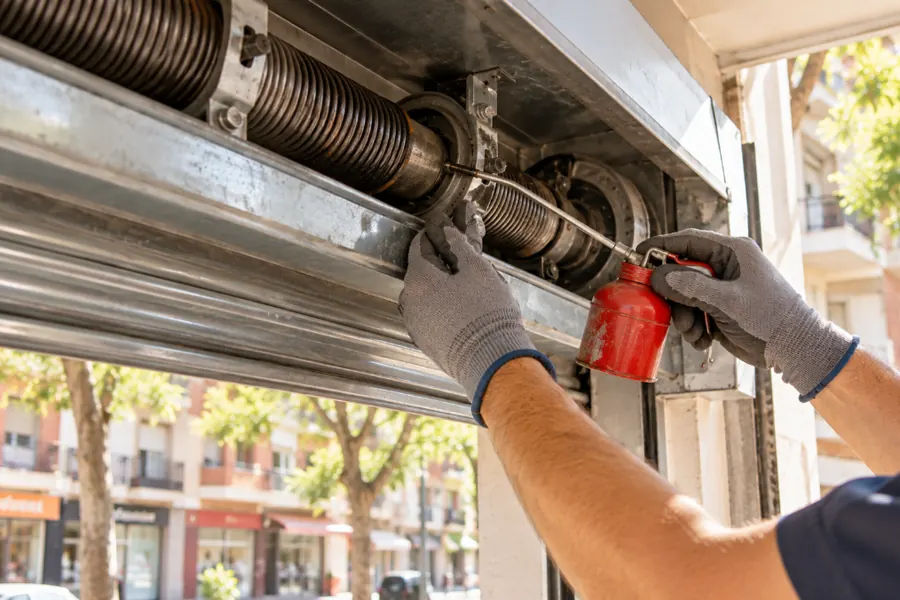Técnico engrasando el eje y los muelles de un cierre metálico de comercio