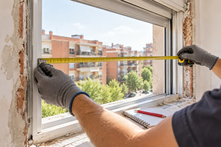 Instalador midiendo con cinta métrica el hueco de una ventana antes de poner la persiana