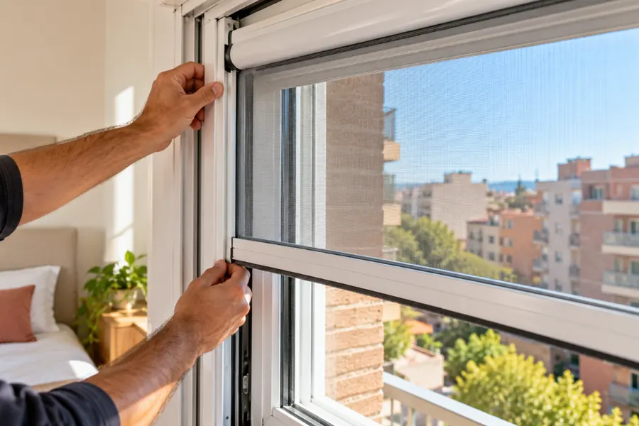 Mosquitera enrollable de aluminio blanco montada en una ventana corredera