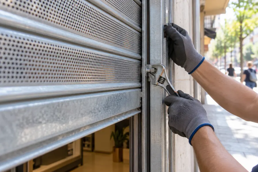 Técnico ajustando la guía de una persiana metálica microperforada de comercio